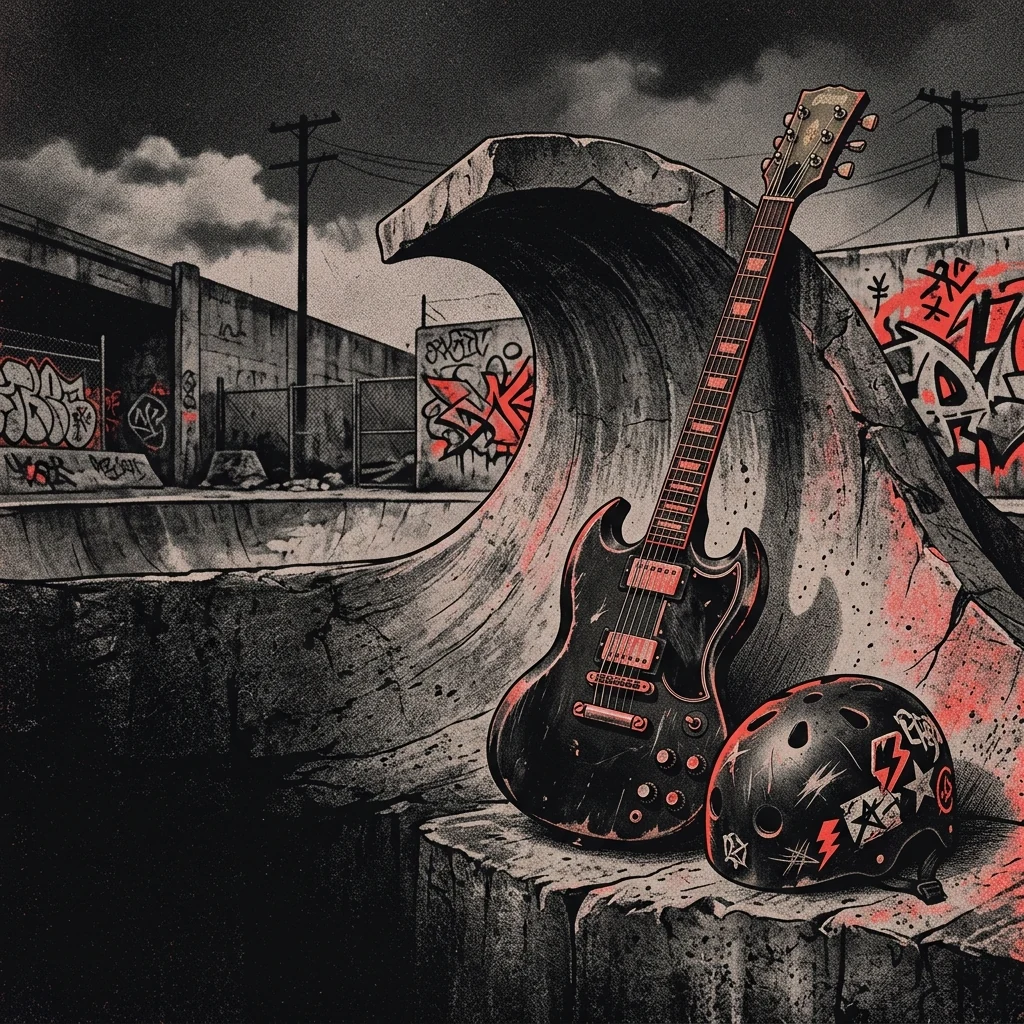 ilustración tributo de una guitarra eléctrica y un casco de skateboard sobre una ola de concreto urbano californiano, estética punk de los 90, paleta rojo y negro, sin texto ni logotipos