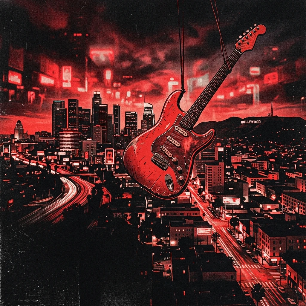 ilustración tributo de una guitarra eléctrica roja suspendida sobre una ciudad nocturna de California, cielos llenos de luces de neón, atmósfera emocional y urgente, paleta rojo y negro, sin rostros reconocibles ni logos