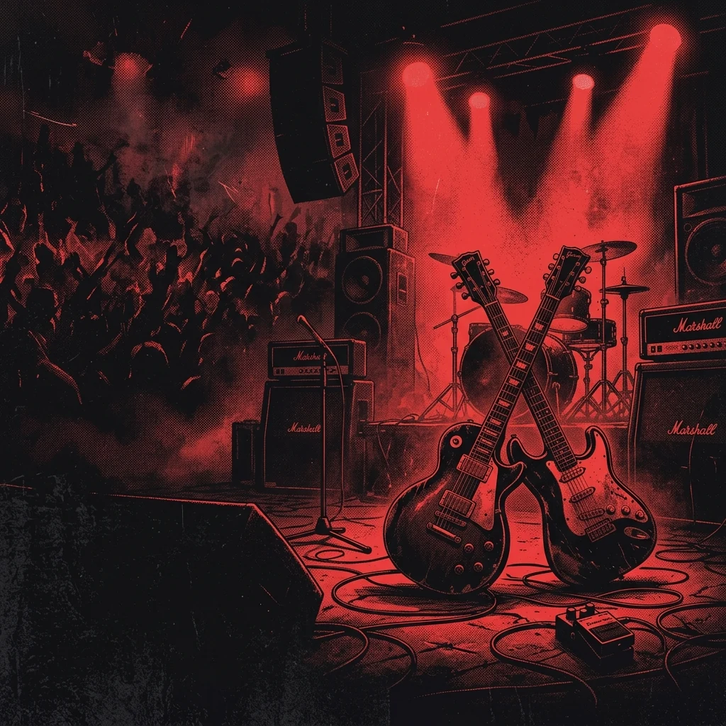 ilustración tributo de un escenario de rock iluminado por focos rojos con guitarras cruzadas en primer plano y siluetas de multitud, atmósfera de clímax emocional, paleta rojo y negro, sin rostros ni logos