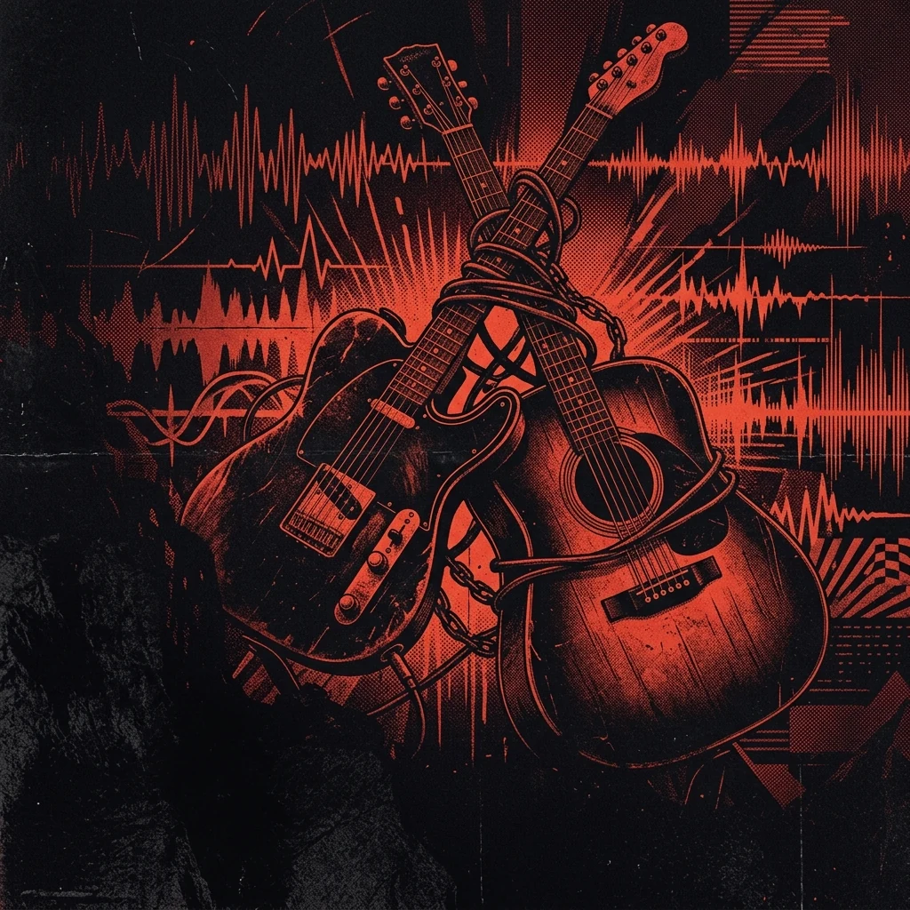 ilustración tributo de una guitarra acústica y una eléctrica entrelazadas bajo luz rojiza intensa, con motivos de ondas sonoras y siluetas abstractas, evocando la dualidad melódica y pesada de la banda, paleta rojo y negro, sin texto ni logotipos