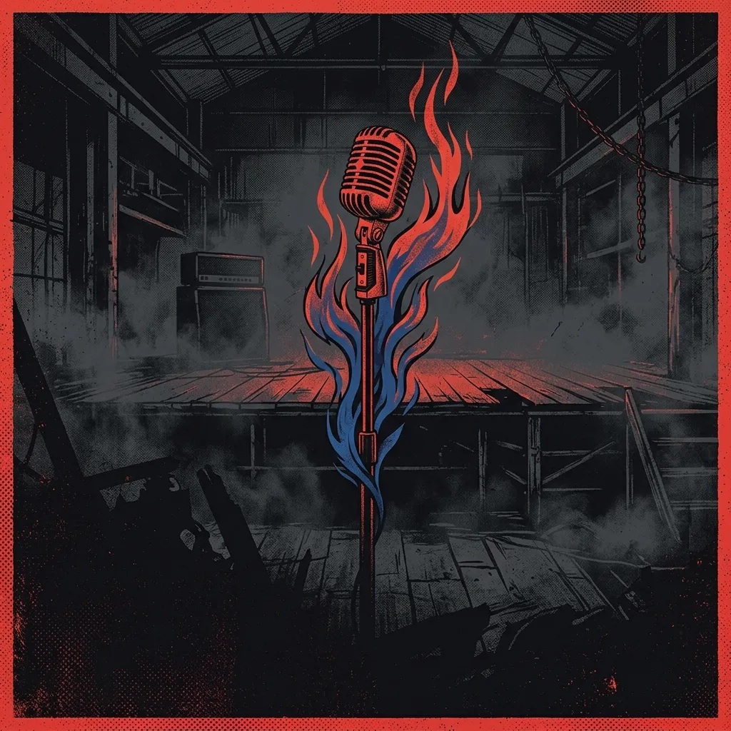 ilustración tributo de un muro de ladrillos fragmentándose bajo un haz de luz roja sobre fondo negro, atmósfera rock conceptual de estadio años 70 y 80, fragmentos geométricos flotando en la oscuridad, paleta rojo y negro, sin rostros ni logos