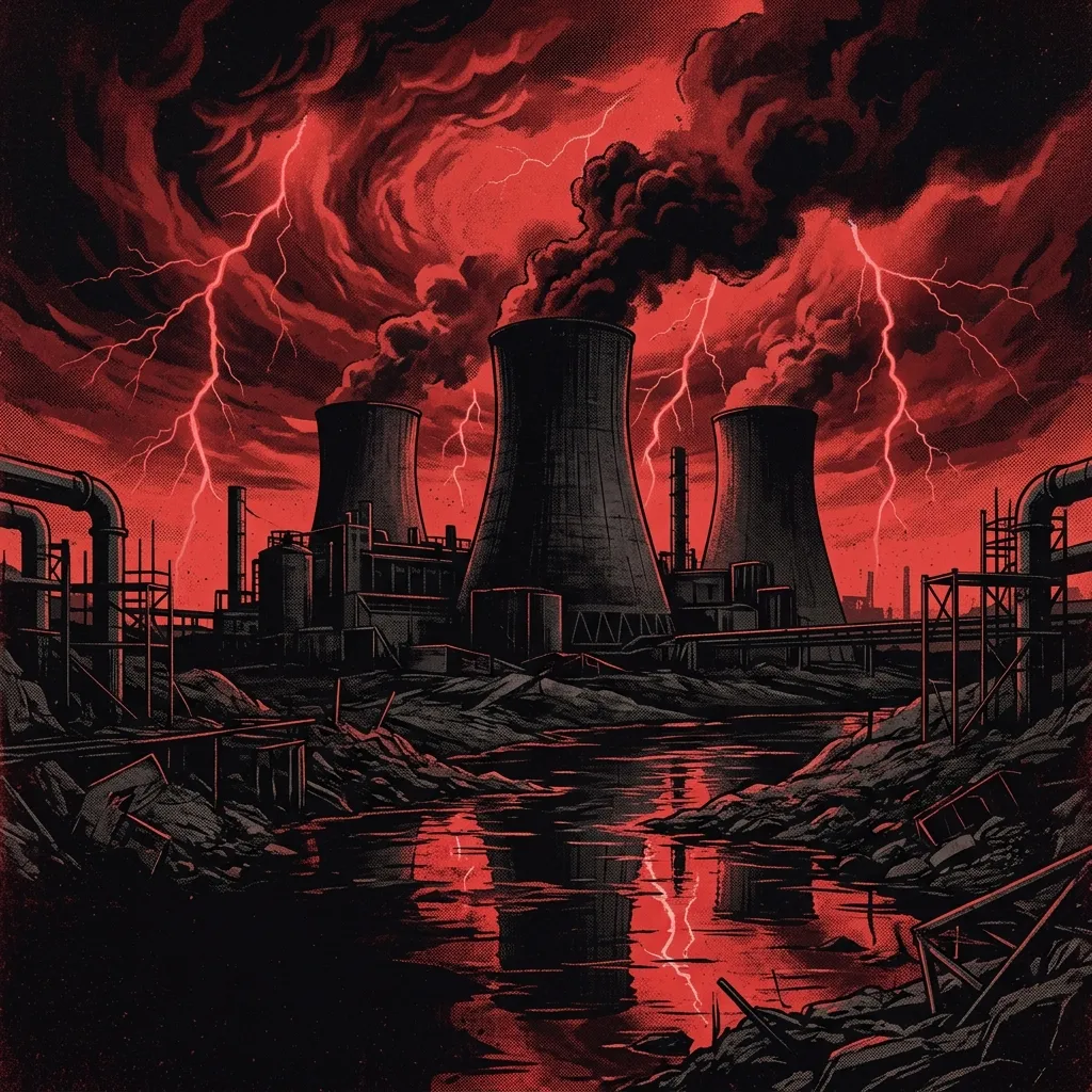 ilustración tributo de ondas de sonido visibles como anillos concéntricos de luz roja sobre un fondo de terciopelo negro profundo, símbolo abstracto de un eclipse solar en el horizonte, estética rock progresivo de los años 70, paleta rojo y negro intensos, sin texto ni logotipos