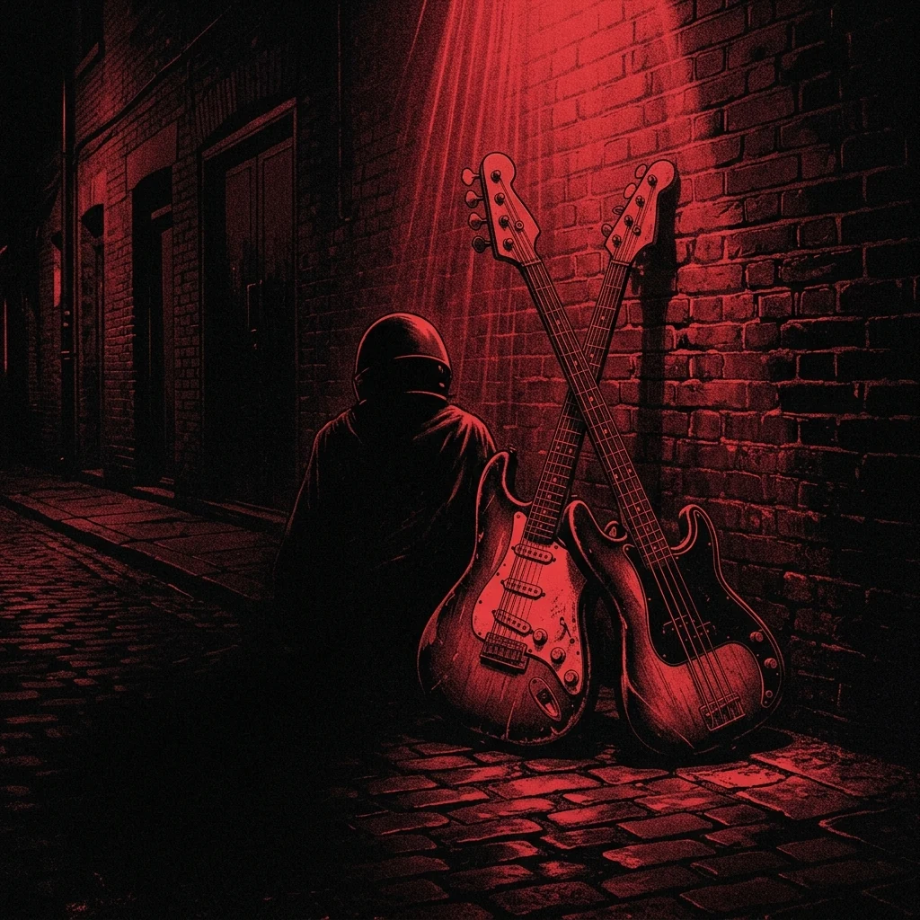 ilustración tributo de una guitarra eléctrica y un bajo entrelazados bajo una lluvia de luz roja en un callejón londinense nocturno, atmósfera oscura y andrógina, paleta rojo y negro, sin rostros reconocibles ni logos