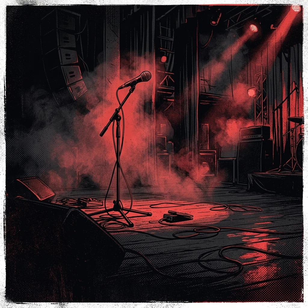 ilustración tributo de un escenario vacío con un micrófono solitario y humo dramático bajo focos rojos intensos, atmósfera de melancolía y tensión post-punk, paleta rojo y negro, sin rostros ni logos