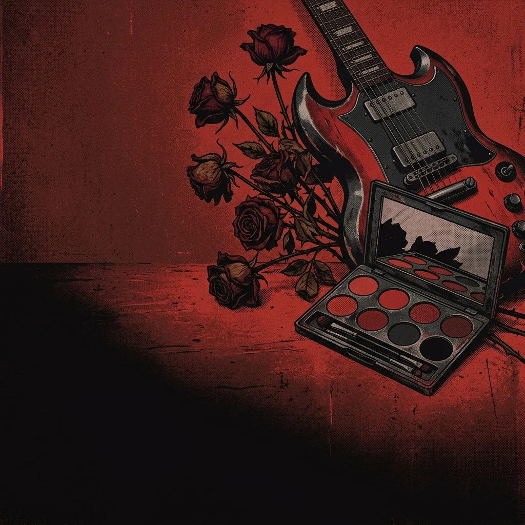 ilustración tributo de una paleta de maquillaje, una guitarra eléctrica y una hoja de letras escritas a mano sobre un fondo rojo oscuro, evocando la identidad visual y lírica de Placebo, sin texto ni logotipos reconocibles