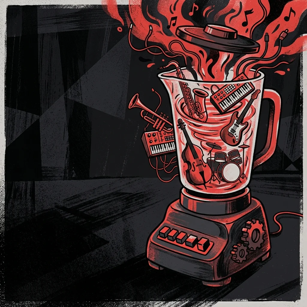 ilustración tributo de una licuadora surrealista mezclando instrumentos de jazz, electrónica y rock, estética pop juguetona, paleta rojo y negro, sin rostros ni logos