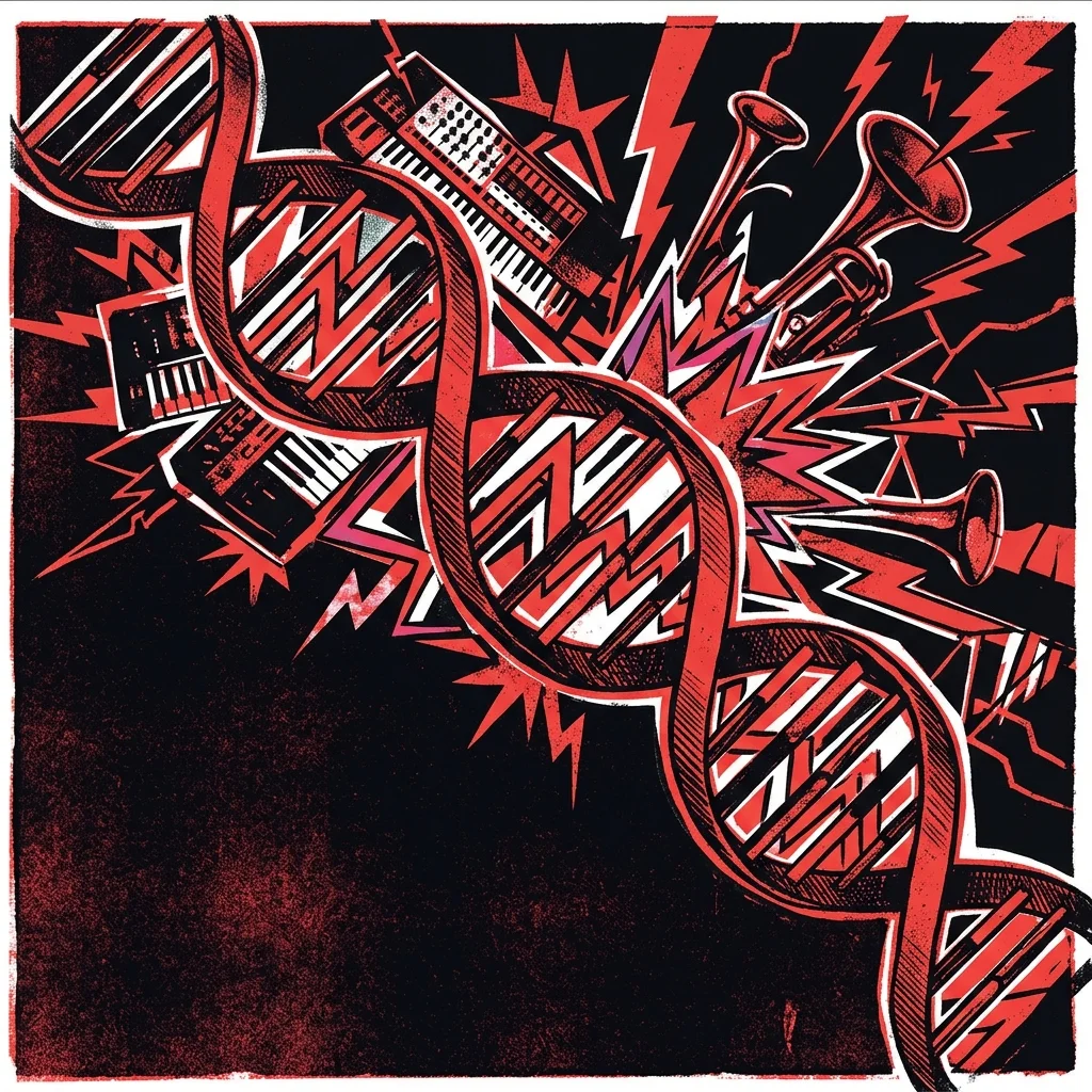 ilustración tributo de iconografía pop surrealista con sintetizadores, trompetas y formas geométricas coloridas sobre fondo oscuro, paleta rojo y negro, sin rostros ni logos