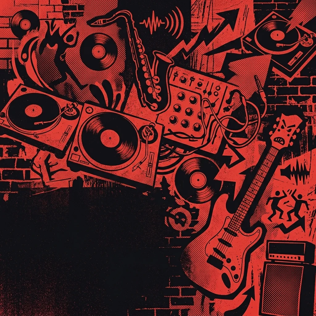 ilustración tributo de un collage sonoro con tornamesas, saxofón, sintetizador y guitarra entre formas pop, paleta rojo y negro, sin texto ni logotipos