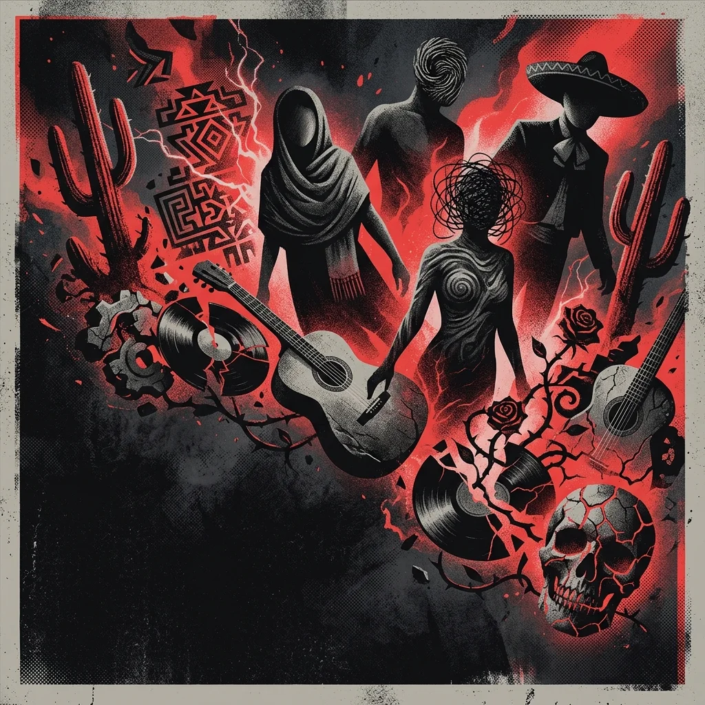 ilustración tributo surrealista de figuras oníricas y elementos de la cultura mexicana flotando sobre un fondo oscuro con destellos rojos, atmósfera experimental, sin rostros ni logos