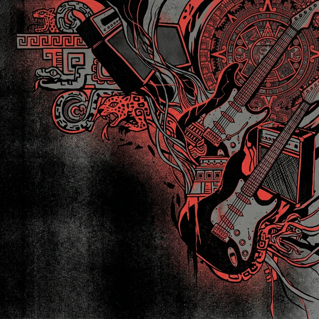 ilustración tributo de iconografía prehispánica mexicana fundida con formas surrealistas y guitarras, atmósfera experimental, paleta rojo y negro, sin rostros ni logos