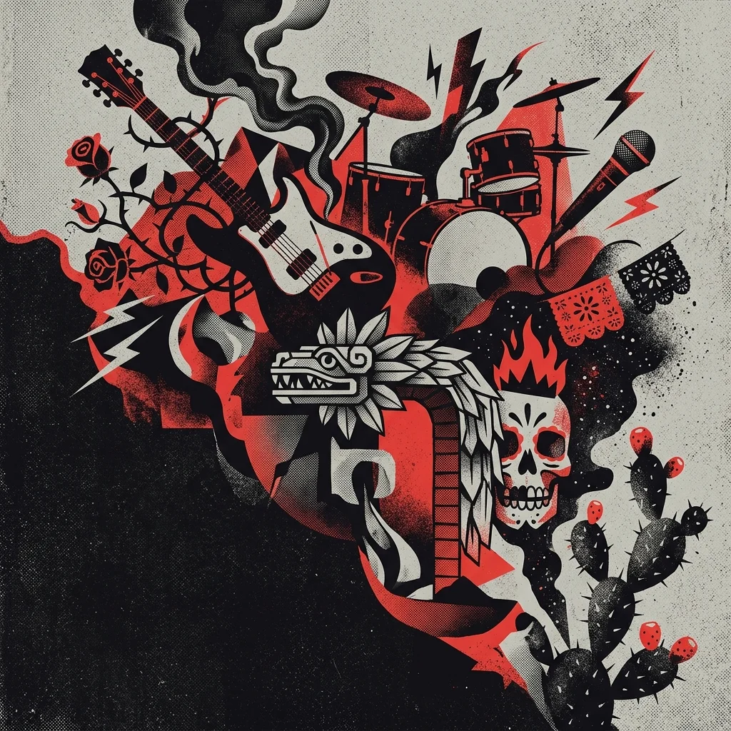 ilustración tributo de un collage surrealista con instrumentos, símbolos mexicanos y formas oníricas, paleta rojo y negro, sin texto ni logotipos