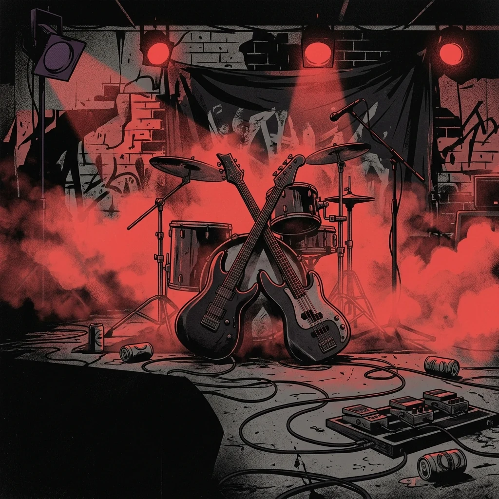 ilustración tributo de un escenario de metal extremo subterráneo con niebla roja y luces de escenario mínimas sobre una guitarra y un bajo cruzados, atmósfera death metal californiano 1986 y reunión 2007 en adelante, sin rostros ni logos, paleta rojo y negro