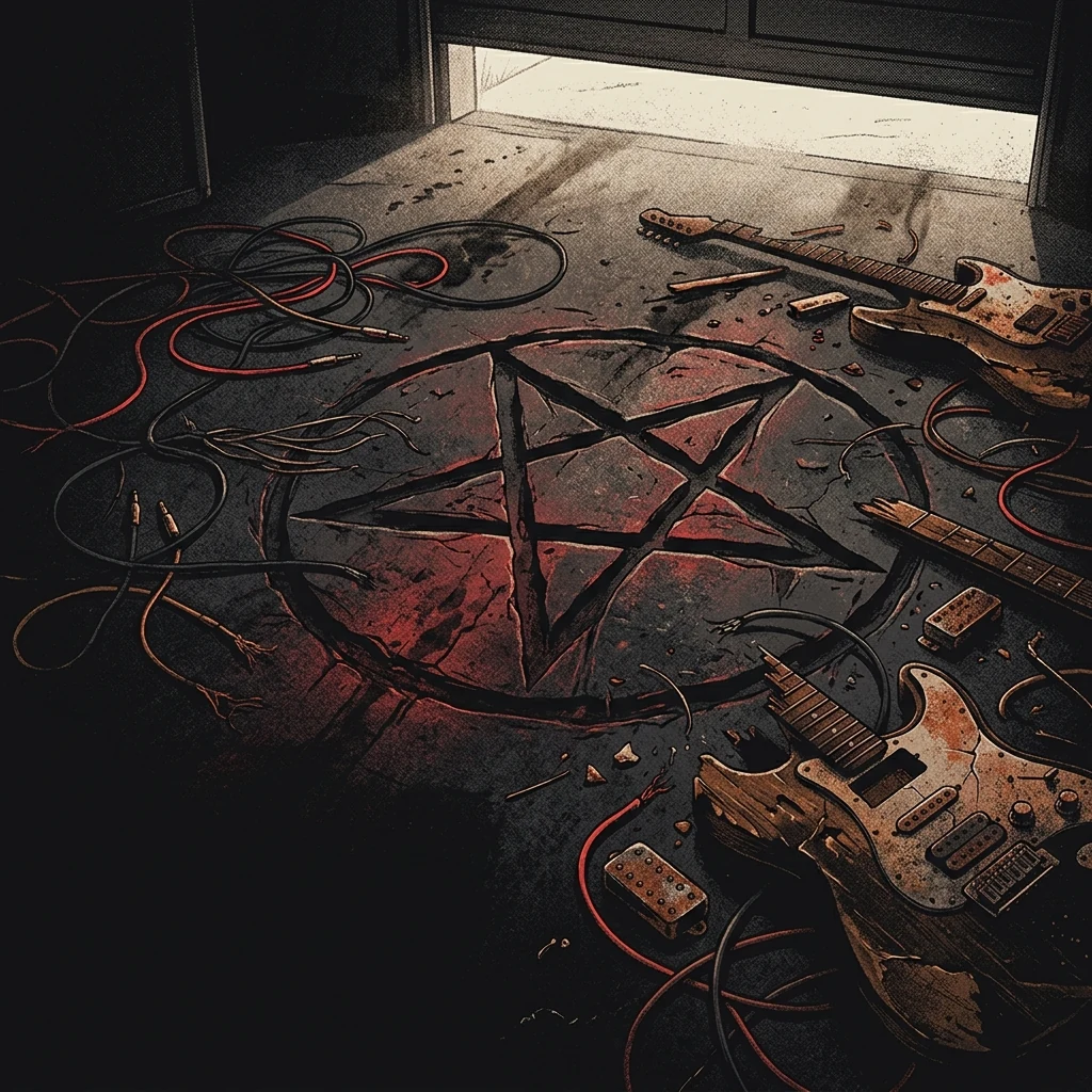 ilustración tributo de un pentagrama abstracto y distorsionado grabado en concreto rojo oscuro con destellos de luz de garaje californiano, rodeado de cables y fragmentos de guitarra eléctrica descompuesta, atmósfera death metal fundacional sin texto ni logotipos, paleta rojo y negro con ocres quemados