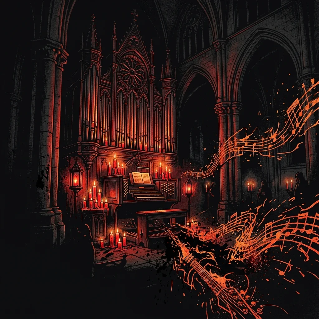 ilustración tributo de un órgano de catedral gótica iluminado por velas rojas con riffs de guitarra eléctrica emergiendo de las sombras, atmósfera de liturgia oscura y metal pesado, paleta rojo y negro intenso, sin rostros reconocibles ni logos