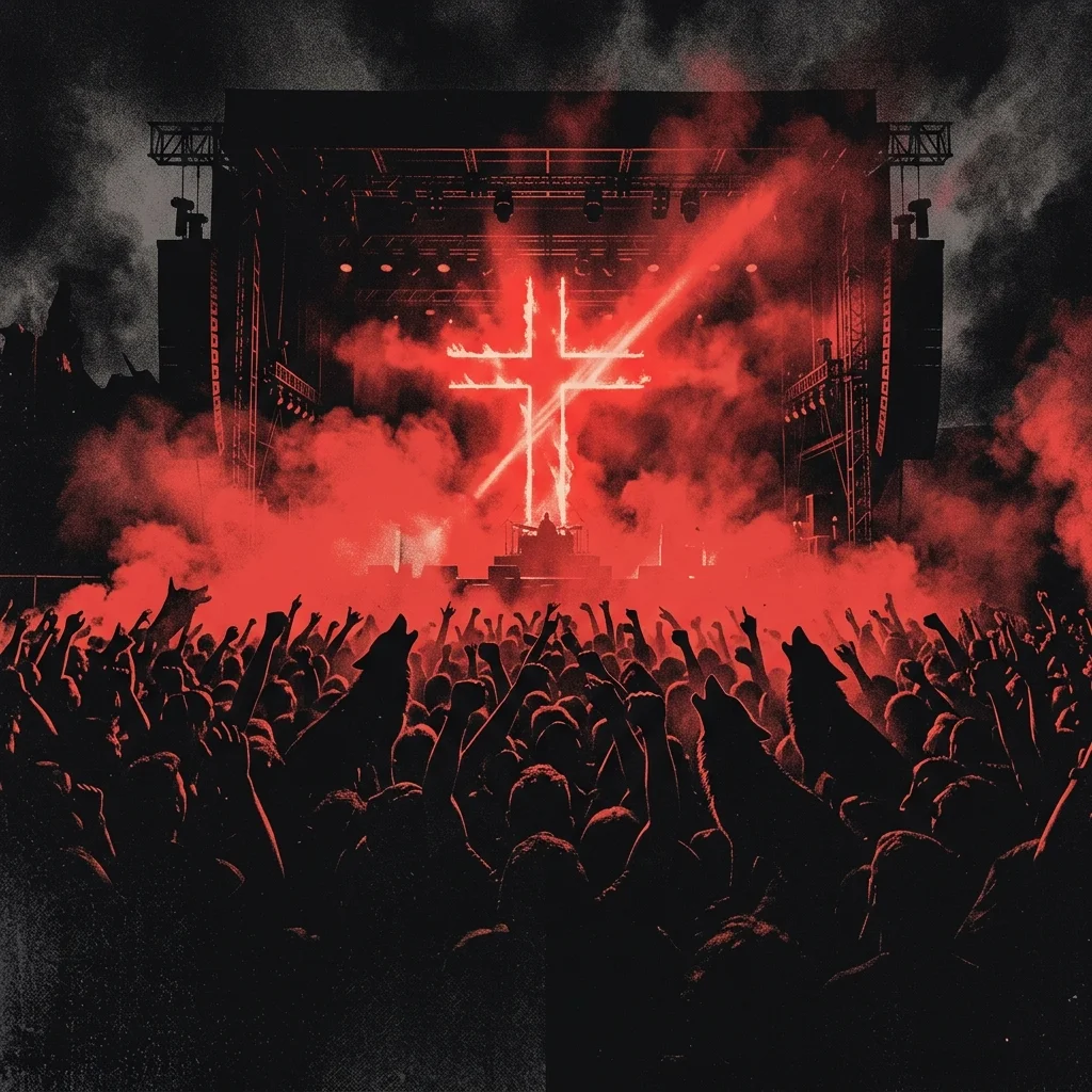 ilustración tributo de un escenario de estadio inundado de humo rojo con una cruz de luz y siluetas de lobos entre el público en éxtasis, atmósfera de concierto de power metal europeo, paleta rojo y negro, sin rostros ni logos