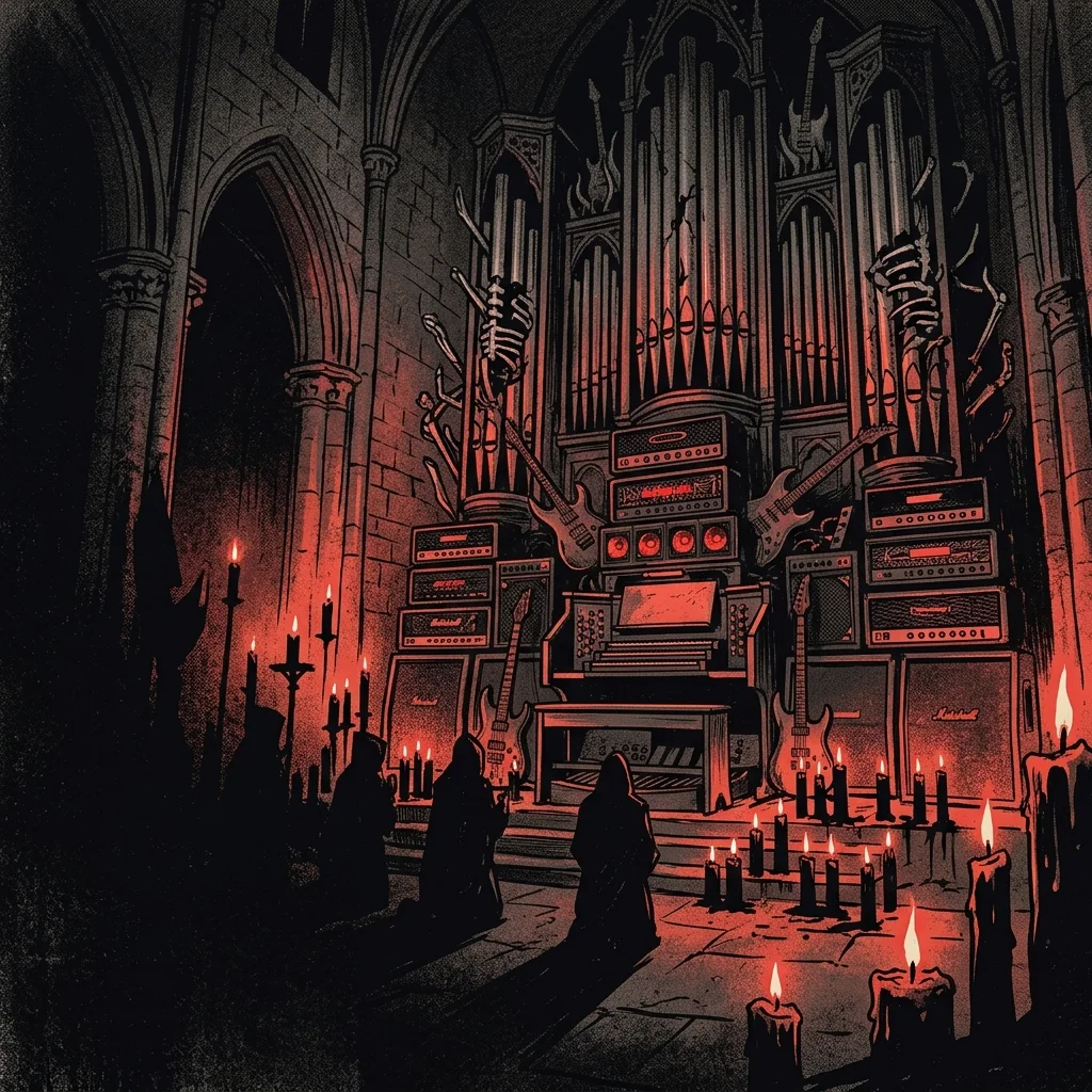 ilustración tributo de un órgano de catedral gótica fusionado con amplificadores y guitarras eléctricas en un interior de piedra iluminado por luz roja de vela, simbolismo de misa oscura y heavy metal, paleta rojo y negro, sin texto ni logotipos