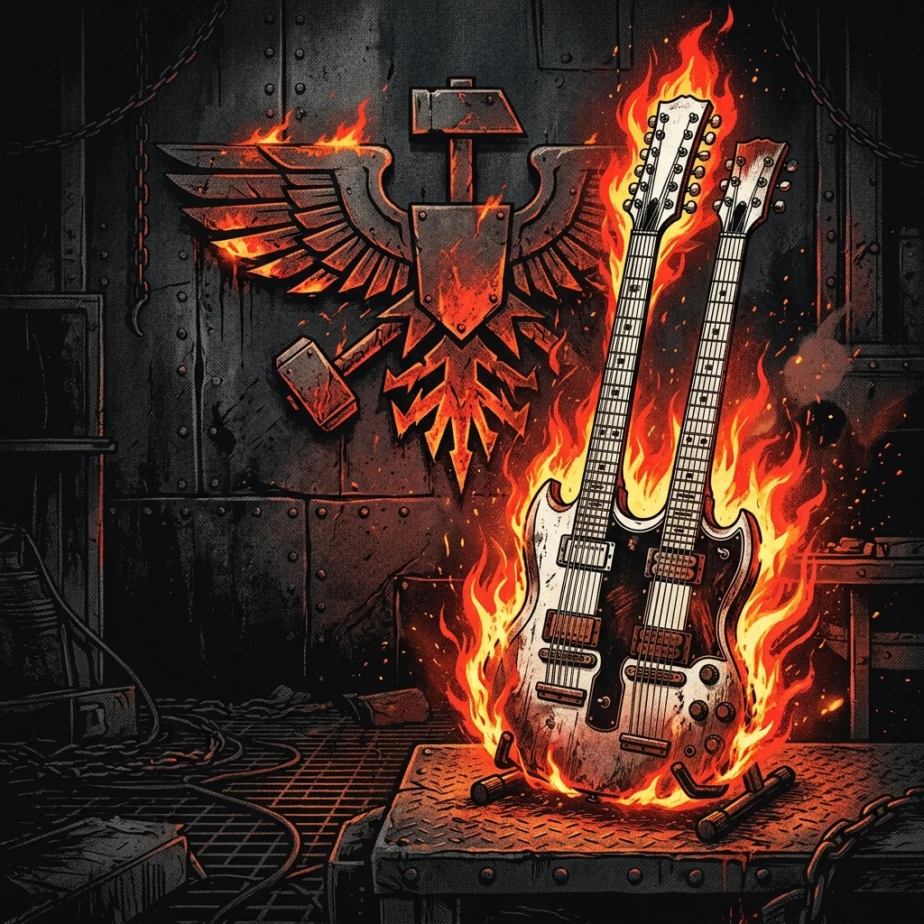 ilustración tributo de una guitarra eléctrica doble cuello envuelta en llamas sobre fondo de acero negro, atmósfera power metal alemán de los 90, paleta rojo y negro intenso, sin rostros reconocibles ni logos