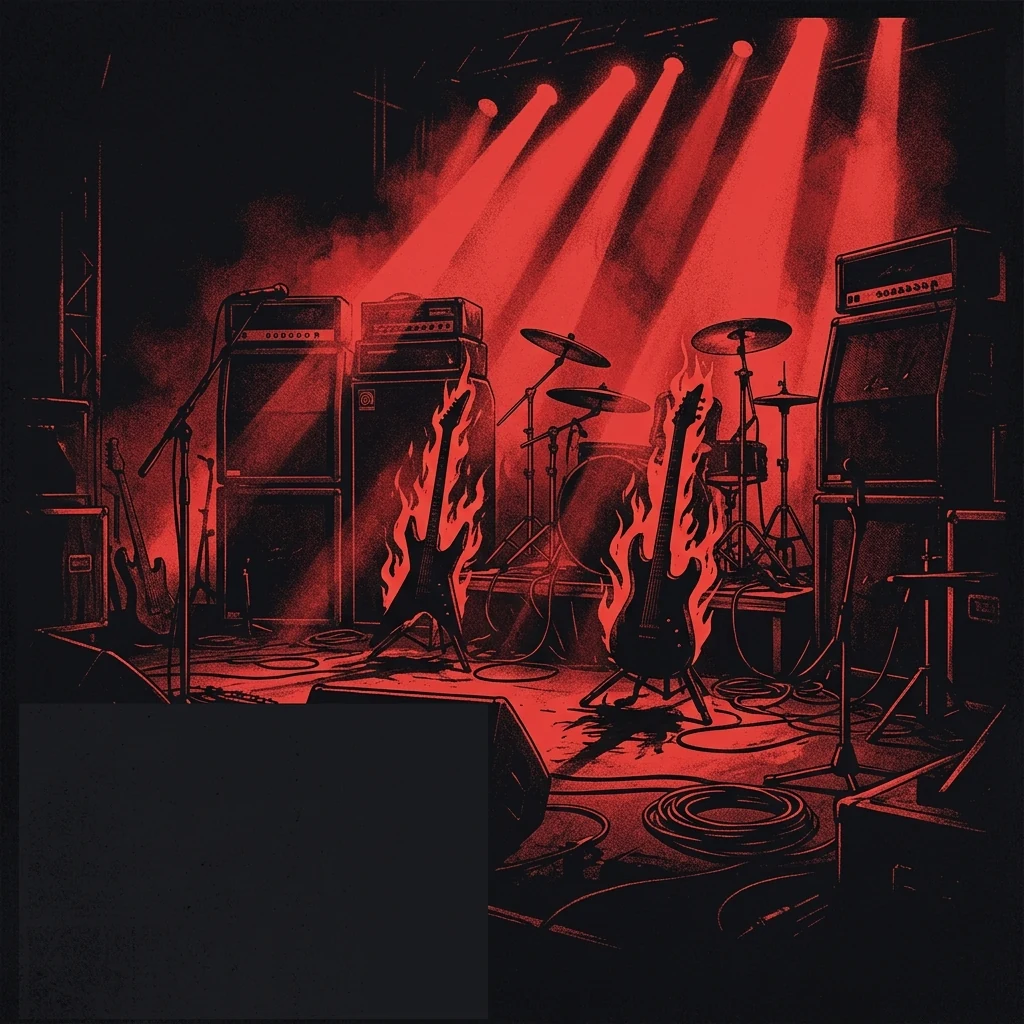 ilustración tributo de un escenario power metal con haces de luz roja sobre amplificadores apilados y siluetas de guitarras en llamas, estética heavy metal europeo años 2000, paleta rojo y negro, sin rostros ni logos