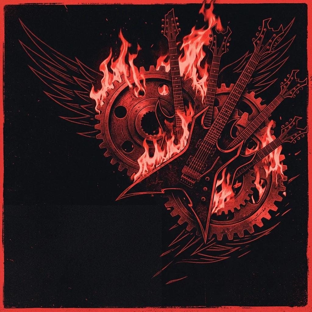 ilustración tributo de un collage de guitarras eléctricas, engranajes de metal en llamas y motivos de velocidad sobre fondo negro profundo, estética power metal alemán, paleta rojo y negro, sin texto ni logotipos
