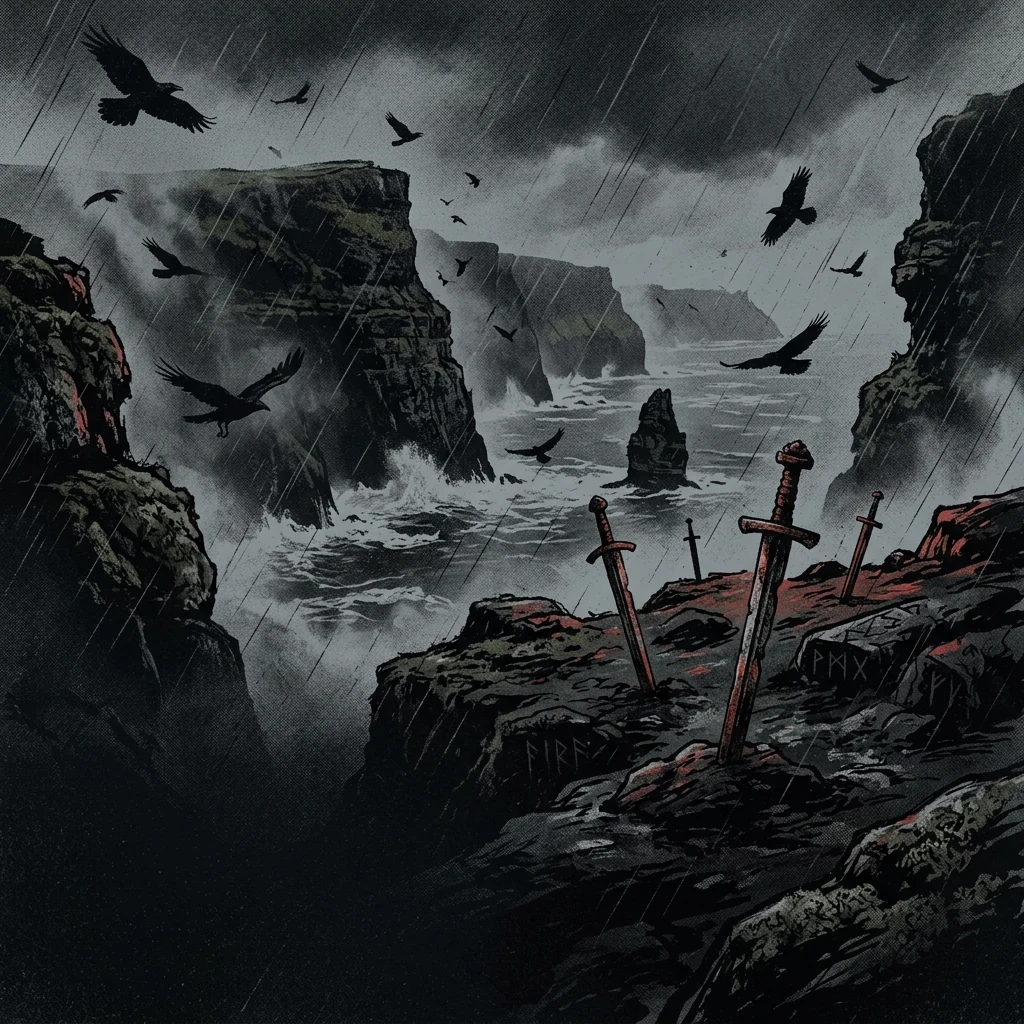 ilustración tributo de acantilados irlandeses bajo una tormenta de niebla atlántica, cuervos negros volando entre rocas cubiertas de musgo, espadas antiguas clavadas en la tierra, atmósfera de pagan black metal, sin rostros reconocibles ni logos, paleta rojo y negro