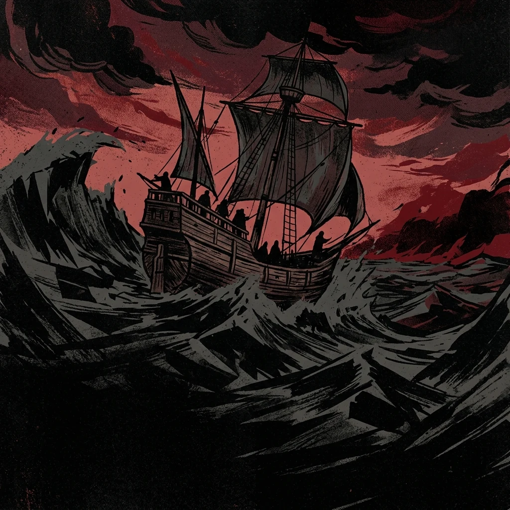 ilustración tributo de un barco antiguo entre olas oscuras bajo un cielo rojo y negro, siluetas de figuras en cubierta mirando hacia un horizonte tormentoso, evocando el exilio y la épica celta de Primordial, sin rostros ni logos reconocibles, paleta rojo y negro