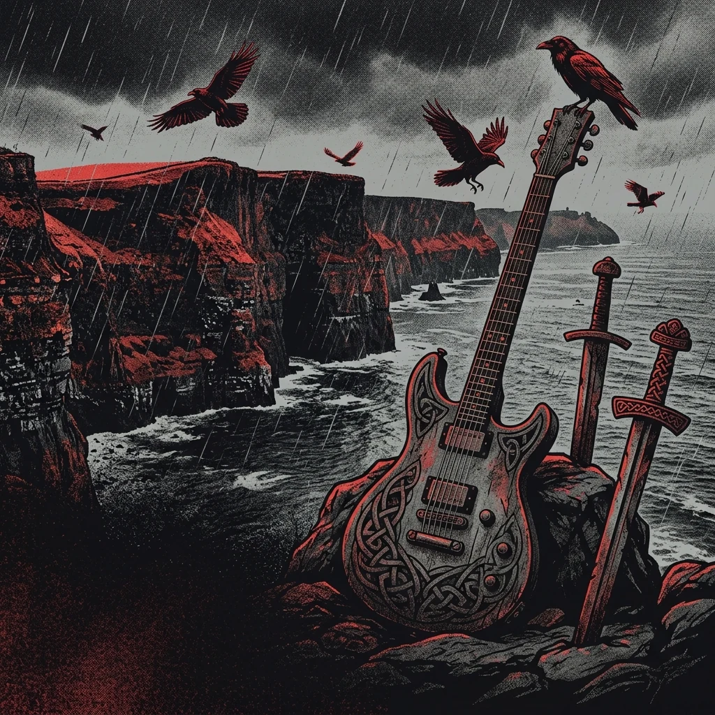 ilustración tributo de una guitarra eléctrica rodeada de motivos celtas entrelazados, cuervos y espadas, sobre un fondo de acantilados irlandeses bajo cielo de tormenta, sin texto ni logotipos, paleta rojo y negro