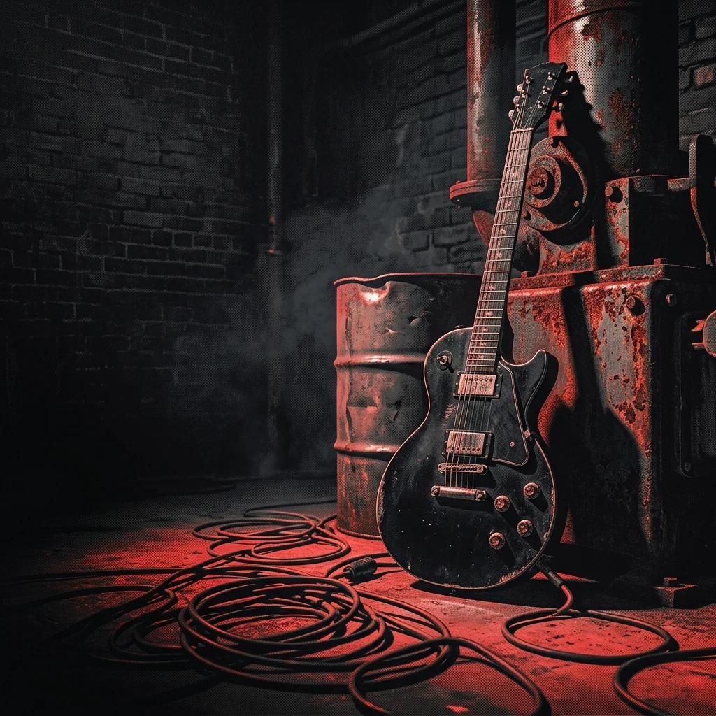 ilustración tributo de una guitarra eléctrica de cuerpo sólido apoyada contra una pared de ladrillos descascarados en un callejón del Lower East Side de Nueva York, cables enredados en el suelo, luz roja rasante desde un neón, atmósfera de club underground de finales de los 80, paleta rojo y negro, sin rostros reconocibles ni logos