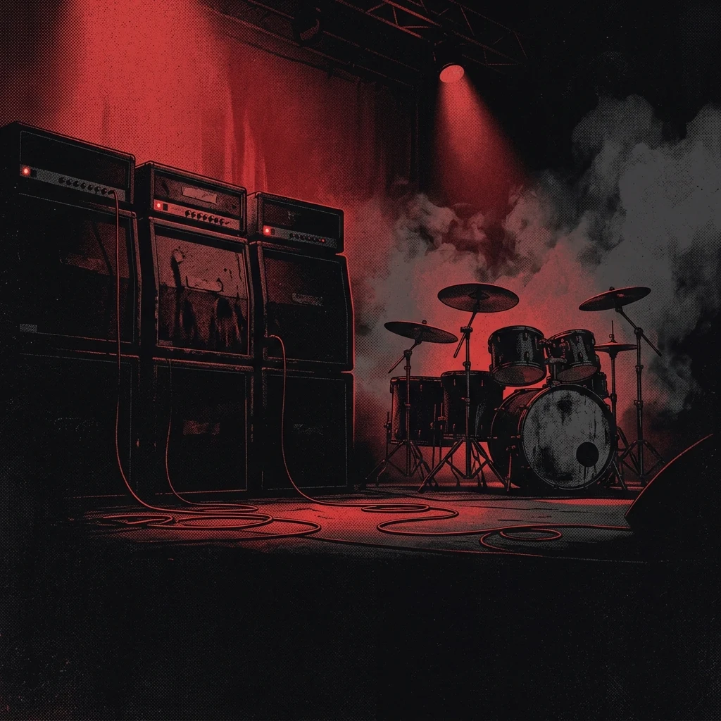 ilustración tributo de un escenario de club mediano con un stack de amplificadores encendidos en rojo y una batería sin baterista en penumbra, humo de máquina que sube hacia un foco solitario, estética de concierto de metal industrial de los años 90, paleta rojo y negro, sin rostros ni logos