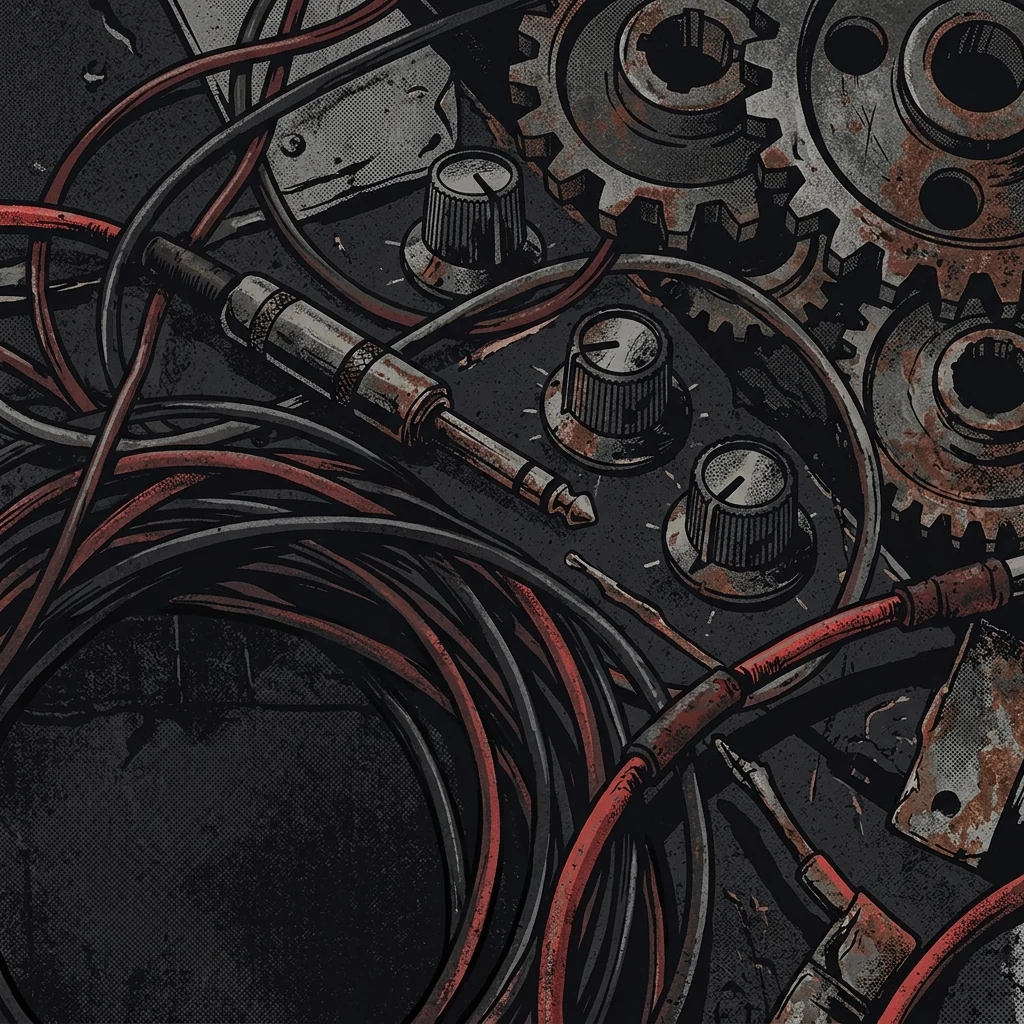ilustración tributo de un collage de cables de guitarra enredados, perillas de amplificador y engranajes industriales sobre fondo negro, detalles de texturas metálicas oxidadas, estética groove metal industrial de los años 90, paleta rojo y negro, sin texto ni logotipos