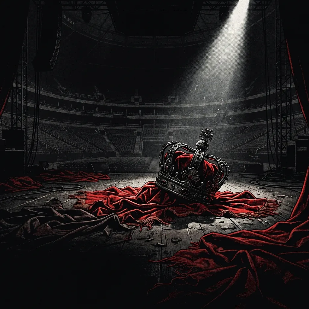 ilustración tributo de un micrófono con pie cromado bajo un haz de luz roja en un escenario vacío de estadio, atmósfera teatral hard rock británico de los años 70, niebla baja y destellos de luz, paleta rojo y negro, sin rostros reconocibles ni logos