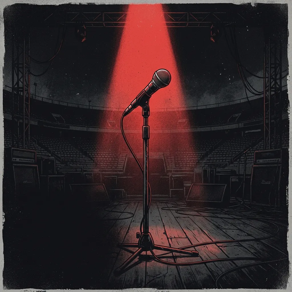 ilustración tributo de un piano de cola en llamas bajas de color rojo sobre un escenario de estadio bañado en humo blanco y luz dorada, atmósfera arena rock de los años 80, corona metálica reflejada en el suelo brillante, paleta rojo y negro, sin rostros ni logos