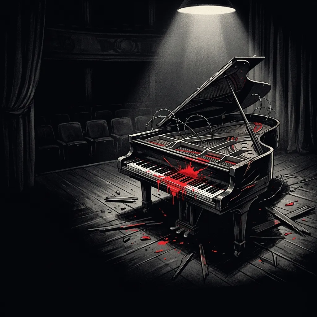 ilustración tributo de una guitarra roja de cuerpo sólido artesanal suspendida sobre un teclado de piano en un escenario oscuro bañado en luz roja y contraluz dorada, estética glam rock británico clásico, paleta rojo y negro, sin texto ni logotipos reconocibles