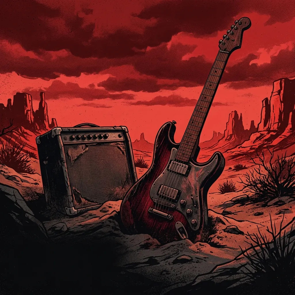ilustración tributo de una guitarra eléctrica emergiendo del paisaje árido del desierto californiano bajo un cielo rojo sangre, amplificador vintage en la arena, atmósfera de calor y tensión, paleta rojo y negro, sin rostros reconocibles ni logos