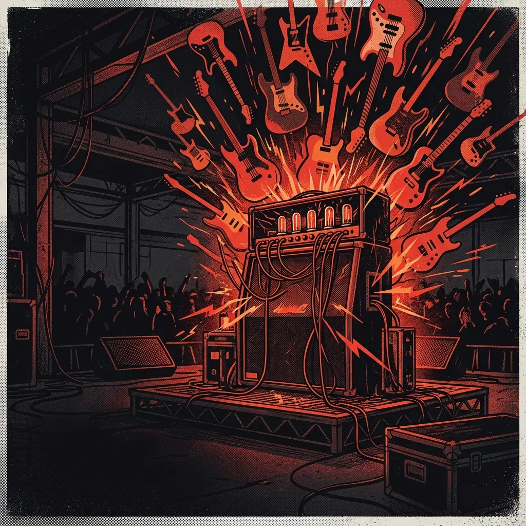 ilustración tributo de un amplificador desbordante de energía bajo una lluvia de guitarras estilizadas en un espacio industrial oscuro, paleta rojo y negro con destellos naranja, sin rostros ni logos