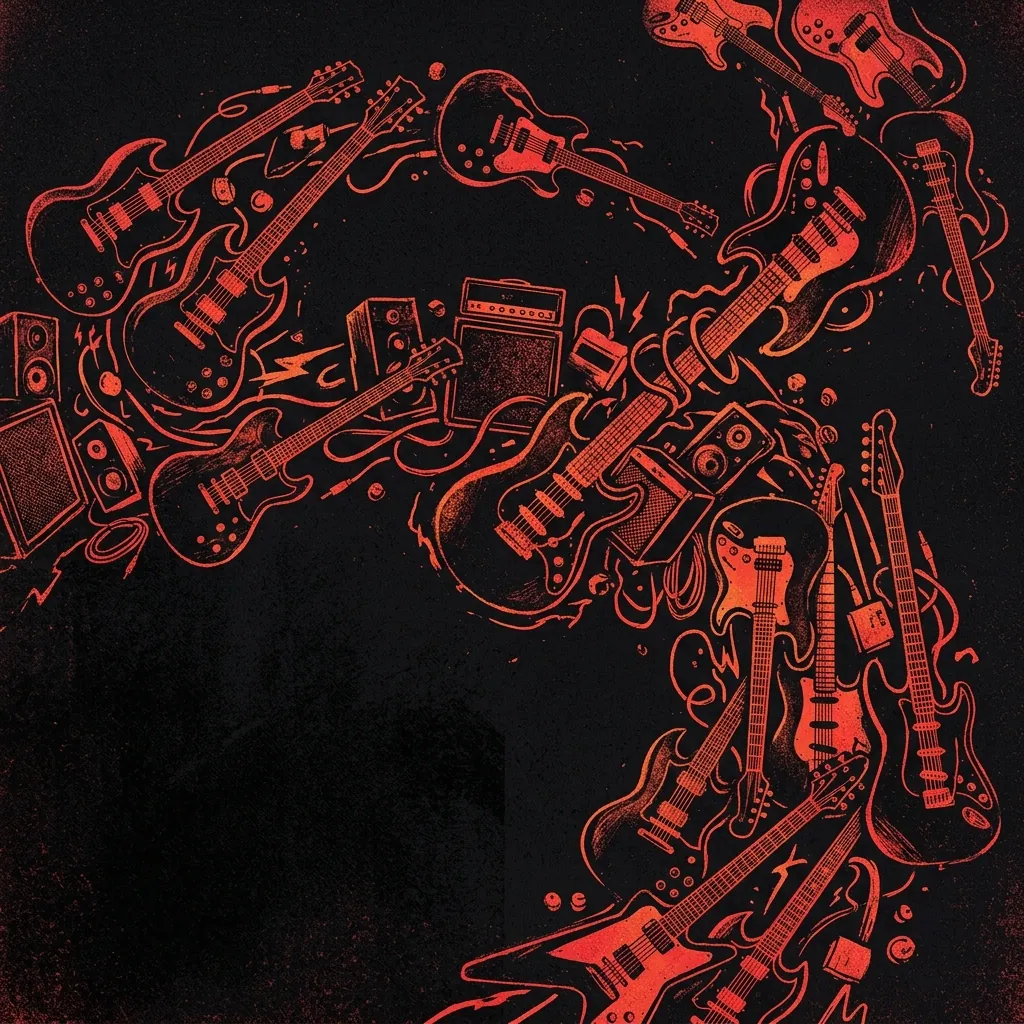 ilustración tributo de una constelación de guitarras y amplificadores vintage dispuestos en composición abstracta sobre fondo negro, detalles en rojo carmesí y naranja desierto, paleta rojo y negro, sin texto ni logotipos