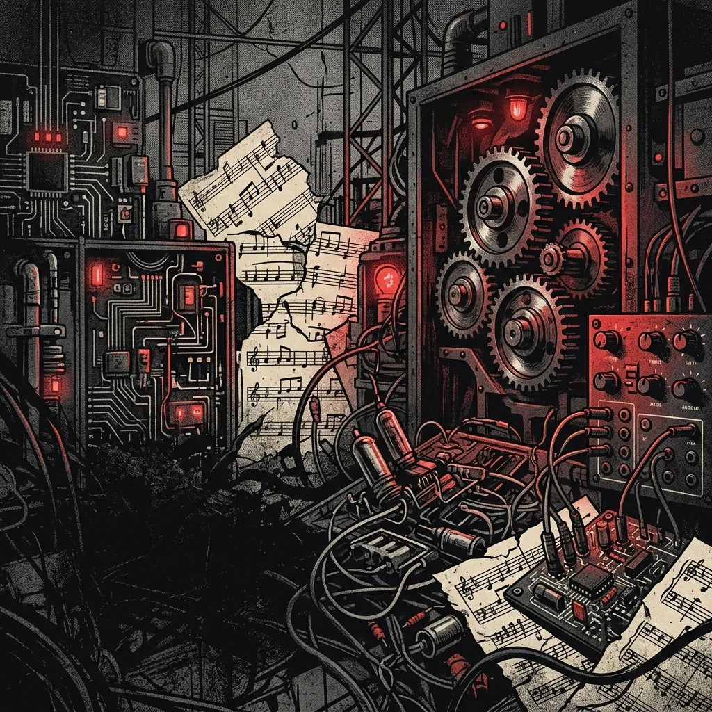 ilustración tributo de circuitos eléctricos y partituras fragmentadas sobre fondo oscuro, engranajes metálicos en movimiento, atmósfera de metal progresivo de los años 80, paleta rojo y negro, sin rostros reconocibles ni logos