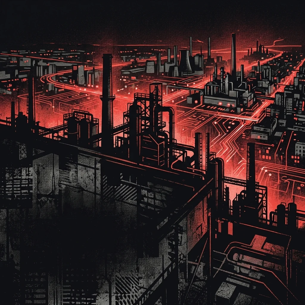 ilustración tributo de una ciudad nocturna vista desde las alturas con luces que forman circuitos, arquitectura industrial y destellos rojos, atmósfera de ópera rock de los 90, paleta rojo y negro con toques metálicos, sin rostros ni logos