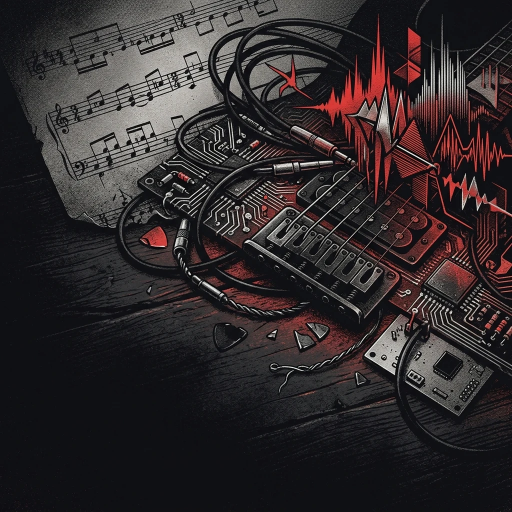 ilustración tributo de partituras de metal progresivo entrelazadas con circuitos electrónicos y ondas de sonido sobre fondo oscuro, paleta rojo y negro con destellos plateados, sin texto ni logotipos