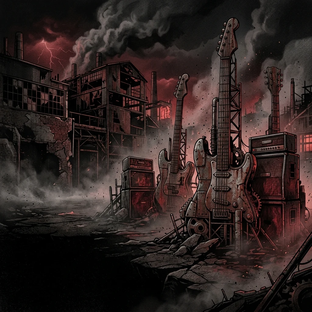 ilustración tributo de una fábrica industrial en ruinas con amplificadores y guitarras emergiendo del suelo como monumentos de acero, atmósfera nocturna con neblina y destellos rojos, paleta rojo y negro, sin rostros reconocibles ni logos
