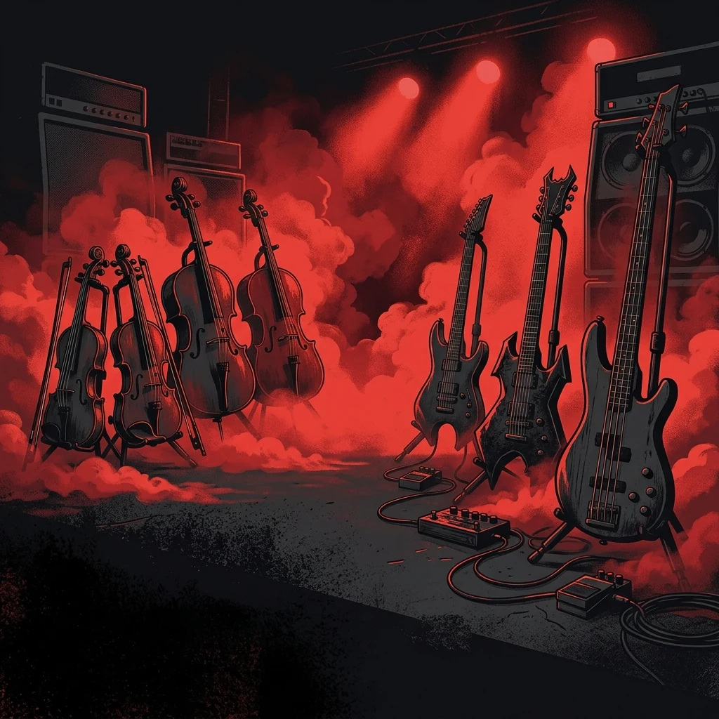 ilustración tributo de una orquesta de cuerda en un escenario envuelto en niebla roja, violines y cellos junto a guitarras eléctricas en un choque visual entre lo clásico y lo pesado, paleta rojo y negro, sin rostros reconocibles ni logos