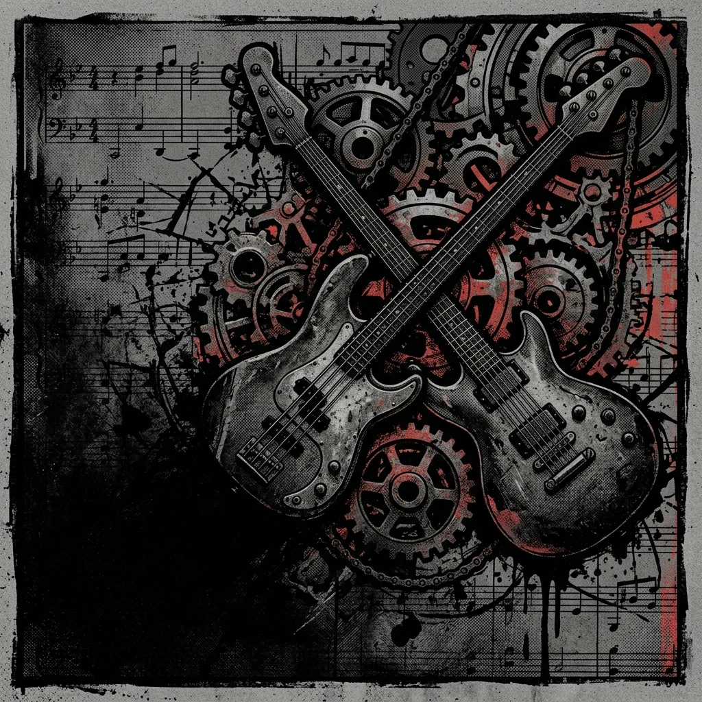 ilustración tributo de un bajo eléctrico y una guitarra cruzados sobre un fondo de pentagramas musicales y engranajes industriales, textura metálica y oscura, composición abstracta, paleta rojo y negro, sin texto ni logotipos