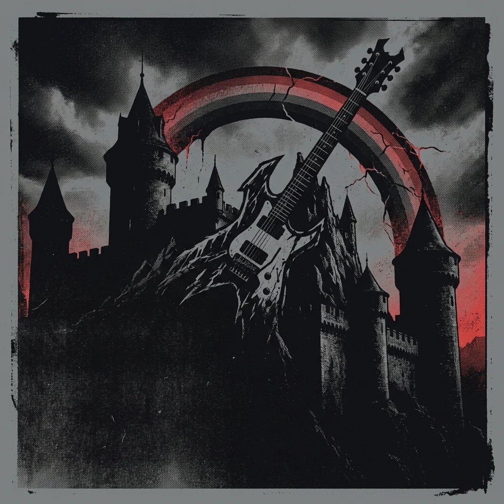 ilustración tributo de una guitarra eléctrica con un arcoíris oscuro sobre torres de castillo medieval, atmósfera épica y grandiosa, paleta rojo y negro, sin rostros reconocibles ni logos