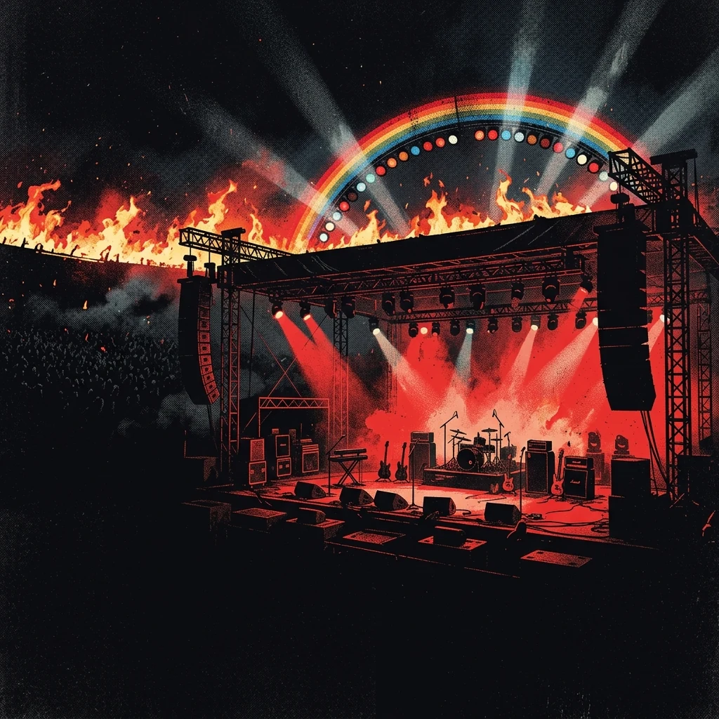 ilustración tributo de un escenario de rock masivo iluminado por focos rojos, llamas en el horizonte y siluetas de instrumentos bajo un arcoíris de luz, atmósfera poderosa, paleta rojo y negro, sin rostros ni logos