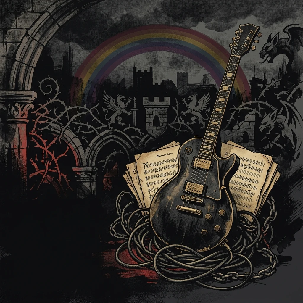 ilustración tributo de una guitarra eléctrica rodeada de partituras y motivos medievales, arcoíris oscuro en el fondo, estética del metal de los 70, paleta rojo y negro, sin texto ni logotipos