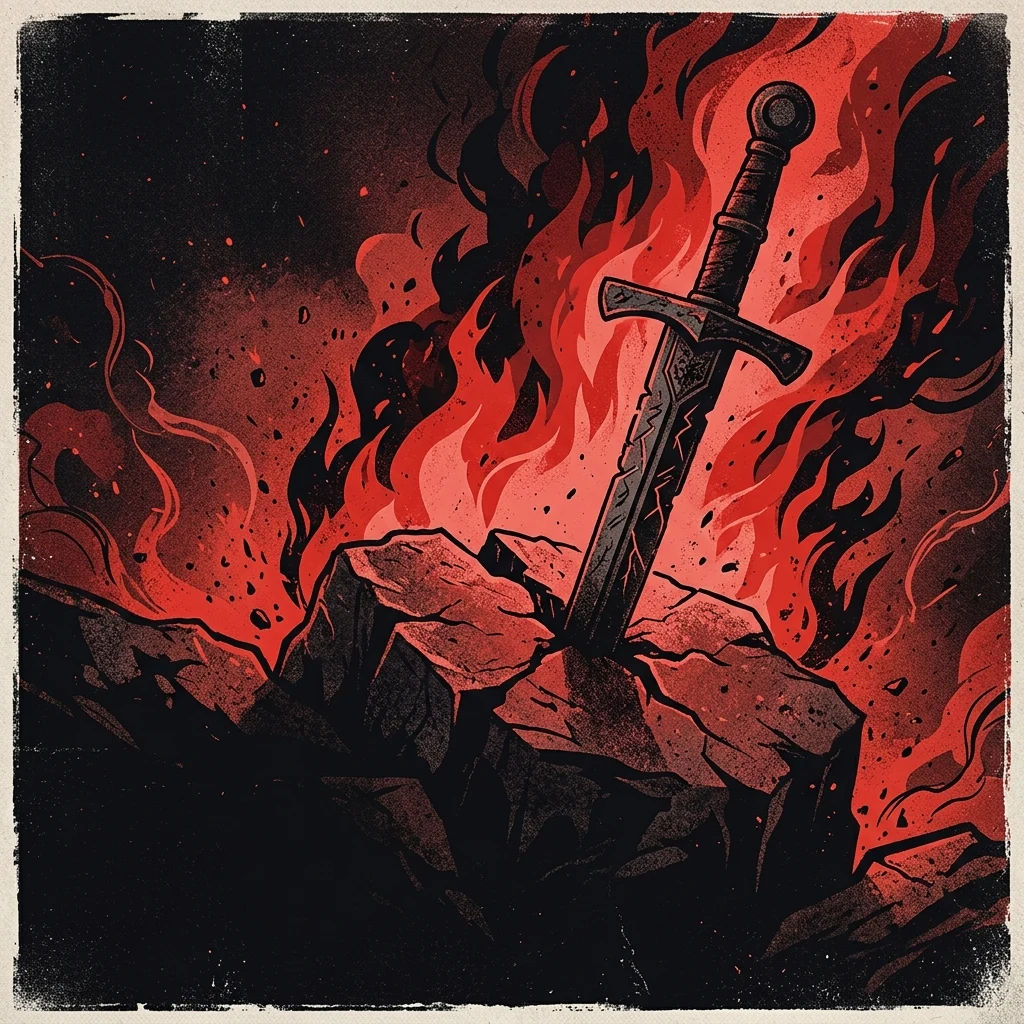 ilustración tributo de una espada clavada en piedra con llamas rojas y negras al fondo, atmósfera de heavy metal clásico sin rostros ni logos, paleta rojo y negro intenso