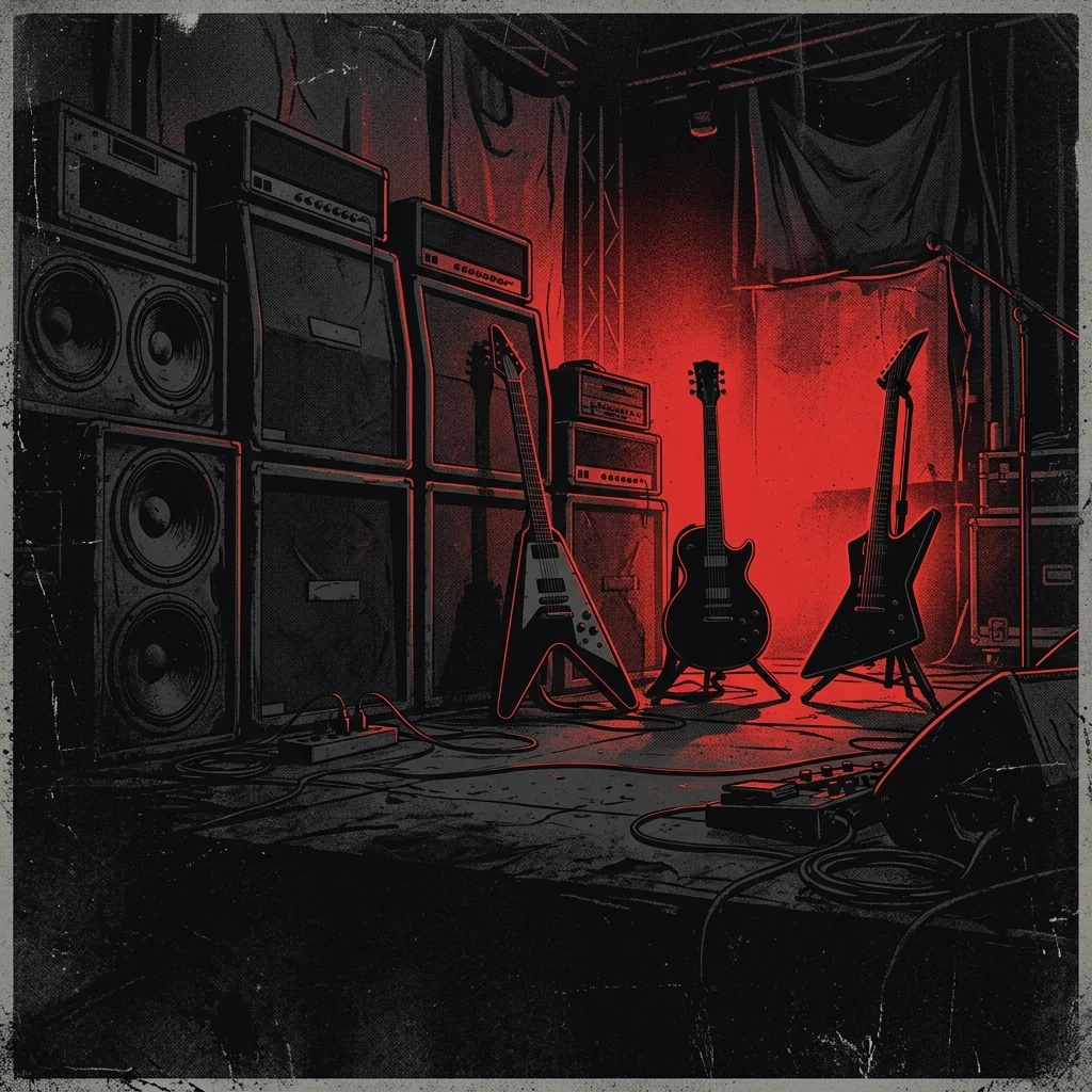 ilustración tributo de un escenario oscuro con amplificadores apilados y luz roja recortando siluetas de guitarras eléctricas, estética heavy metal nocturna sin rostros ni logos, paleta rojo y negro