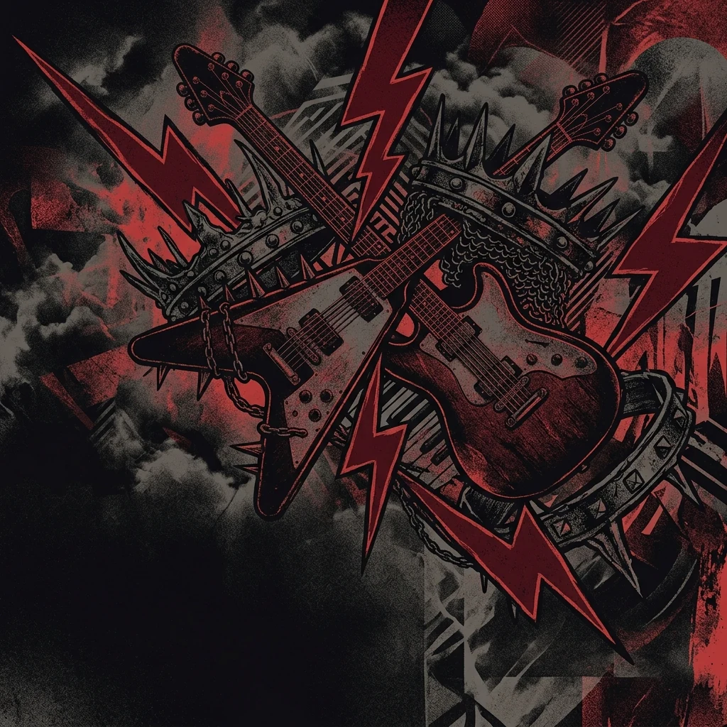 ilustración tributo de un collage de guitarras eléctricas, relámpagos y coronas de hierro sobre fondo negro y rojo, estética heavy metal clásico europeo, sin texto ni logotipos
