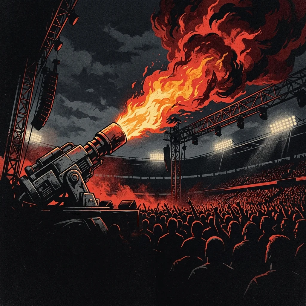 ilustración tributo de un escenario de estadio cubierto de llamas y columnas de fuego bajo una lluvia de chispas metálicas, siluetas de músicos en contraluz rojo intenso, teatralidad industrial de gran escala, paleta rojo y negro, sin rostros reconocibles ni logos