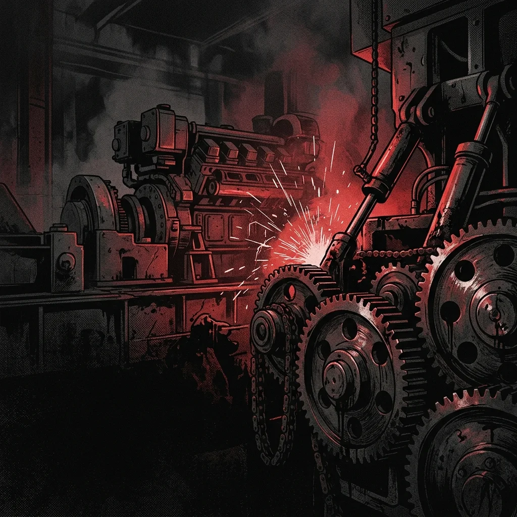 ilustración tributo de engranajes industriales y cables eléctricos entrelazados con guitarras de metal pesado sobre un fondo de ascuas rojas y humo negro, collage industrial abstracto, paleta rojo y negro, sin texto ni logotipos