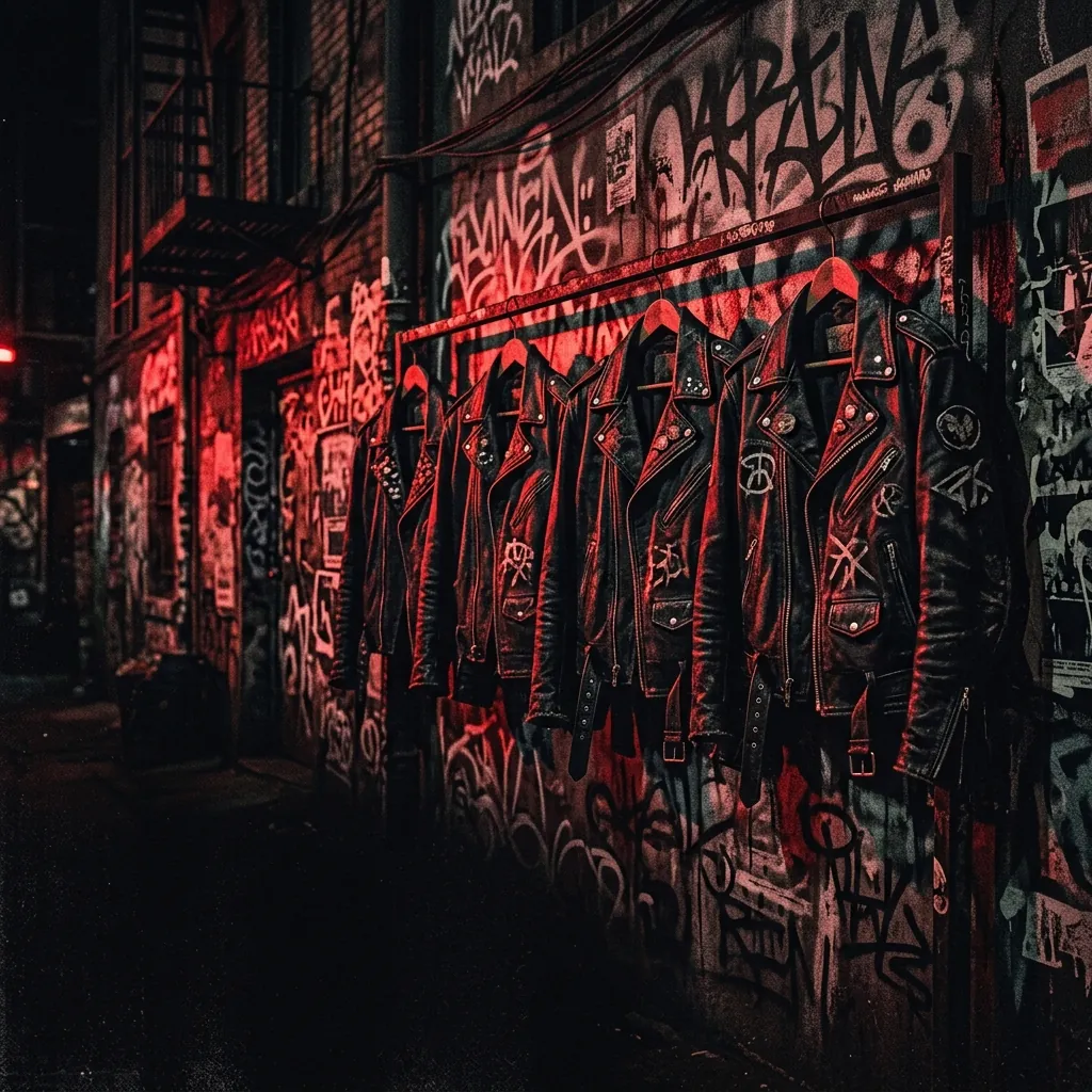ilustración tributo de cuatro chaquetas de cuero negras colgadas en fila sobre un fondo de graffiti urbano neoyorquino, luz roja rasante de neón, atmósfera punk Nueva York 1974, paleta rojo y negro intenso, sin rostros reconocibles ni logos